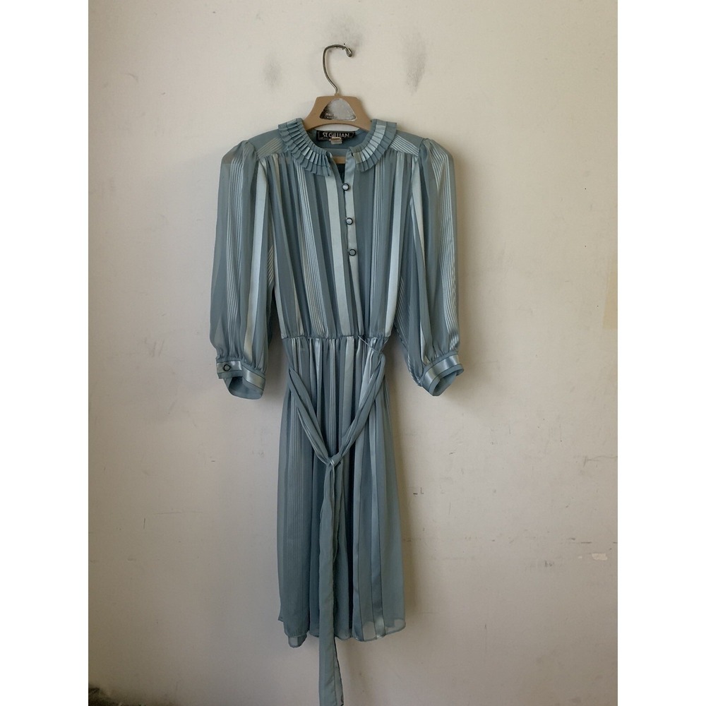 Vintage St Gillian Kay Unger Blue Striped Pleated Collar Midi Dress Size 6 USA